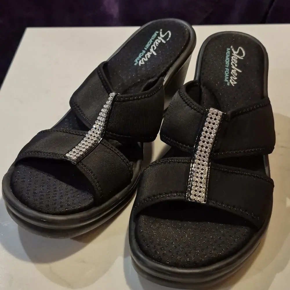 Skechers 10 Black with Sparkle Gems Wedge Sandal
